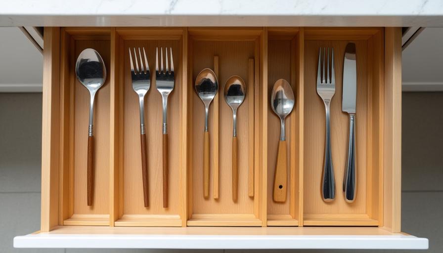 After: Clean minimalist kitchen with drawer organizers