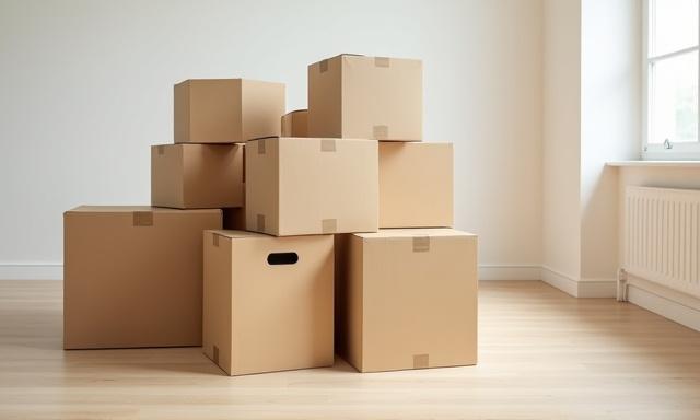 Neatly stacked moving boxes in new home